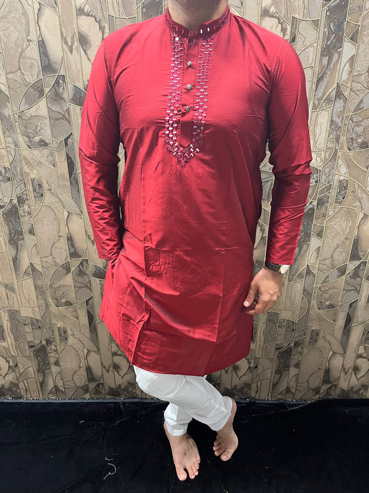 Men’s Cotton Red Kurta – Classic Plain Design with Mirror Work - A14