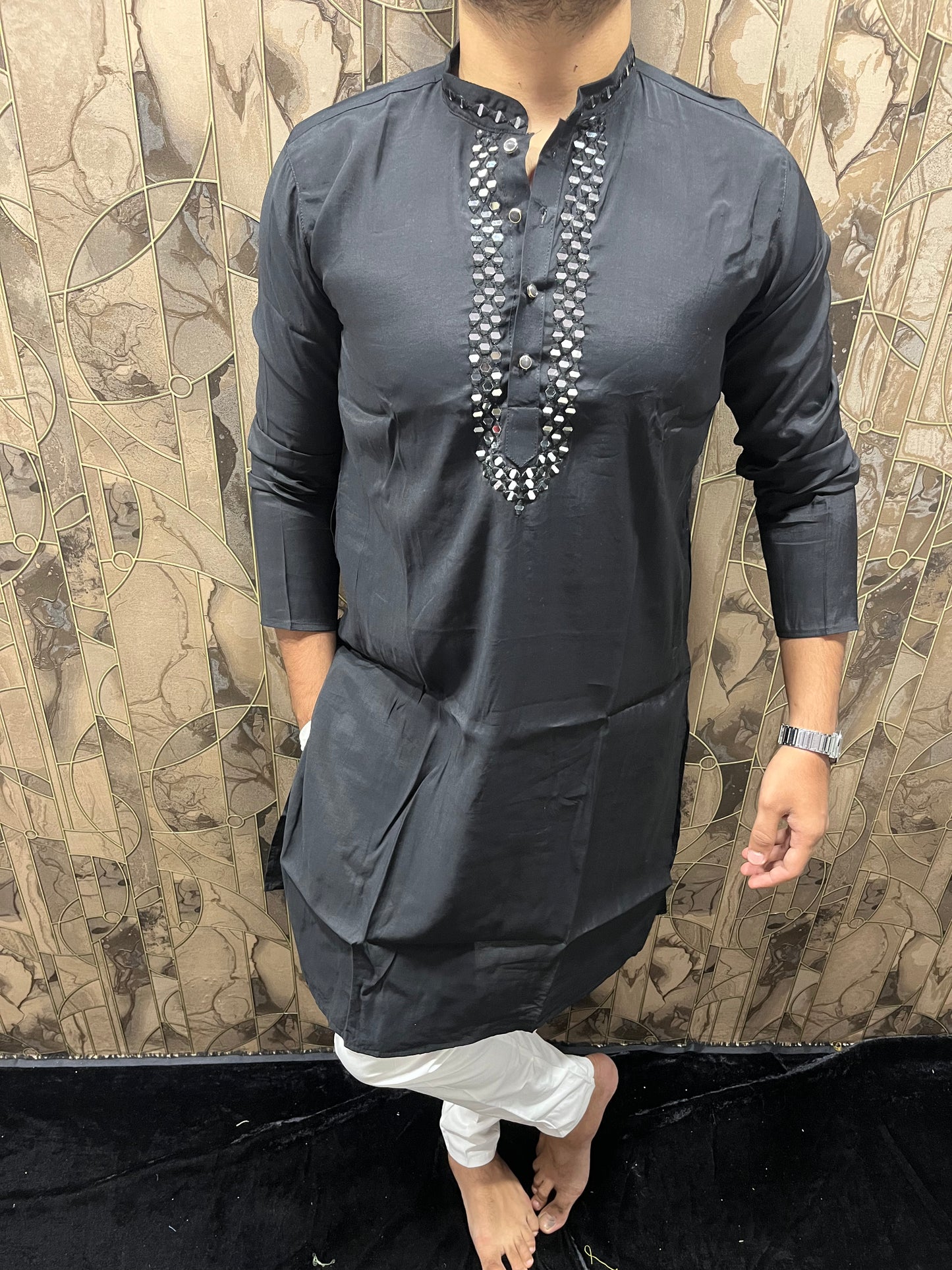Men’s Cotton Black Kurta – Classic Plain Design with Mirror Work - A14