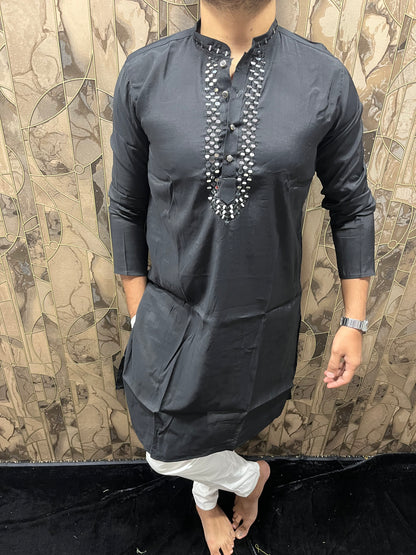 Men’s Cotton Black Kurta – Classic Plain Design with Mirror Work - A14