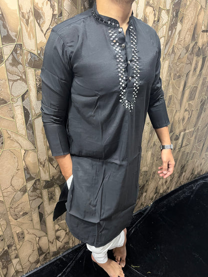 Men’s Cotton Black Kurta – Classic Plain Design with Mirror Work - A14