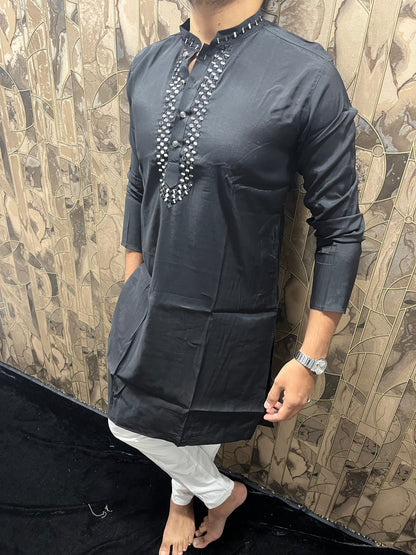 Men’s Cotton Black Kurta – Classic Plain Design with Mirror Work - A14