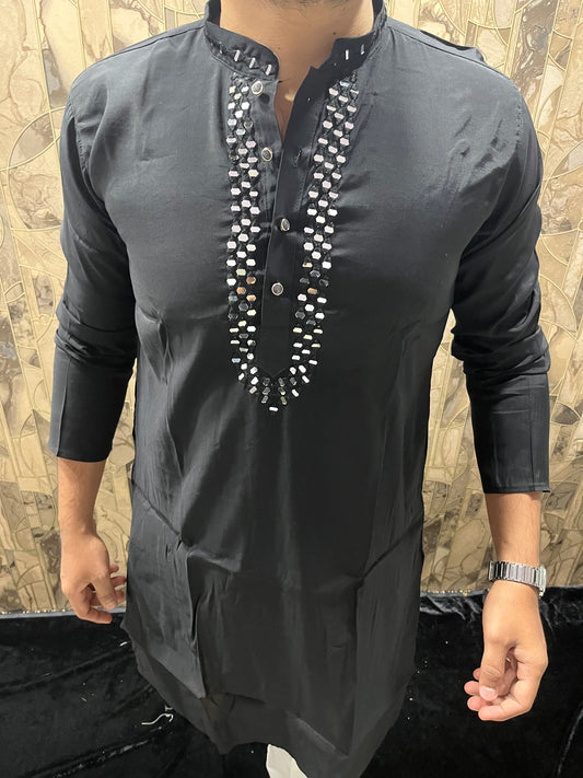 Men’s Cotton Black Kurta – Classic Plain Design with Mirror Work - A14