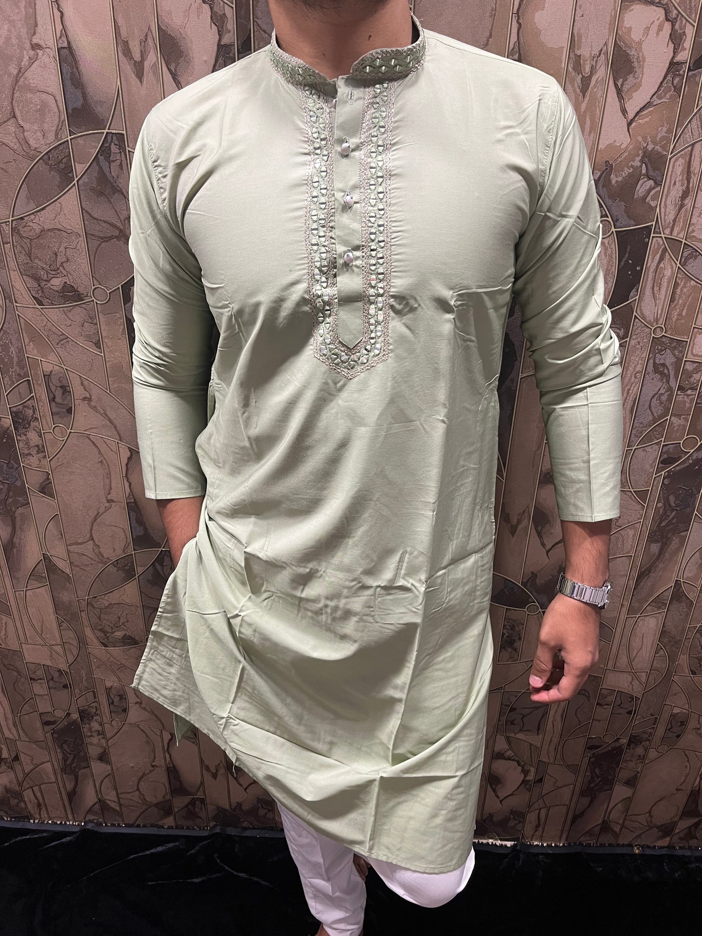 Men’s Cotton Light Green Kurta – Classic Plain Design with Mirror Work - A14