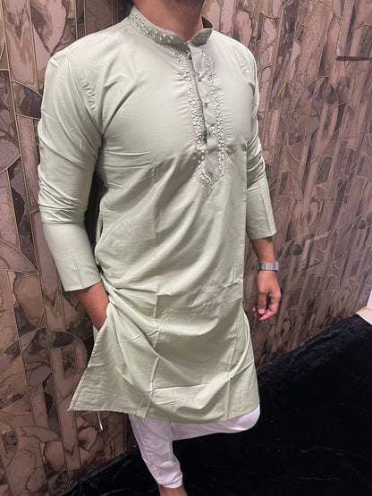 Men’s Cotton Light Green Kurta – Classic Plain Design with Mirror Work - A14
