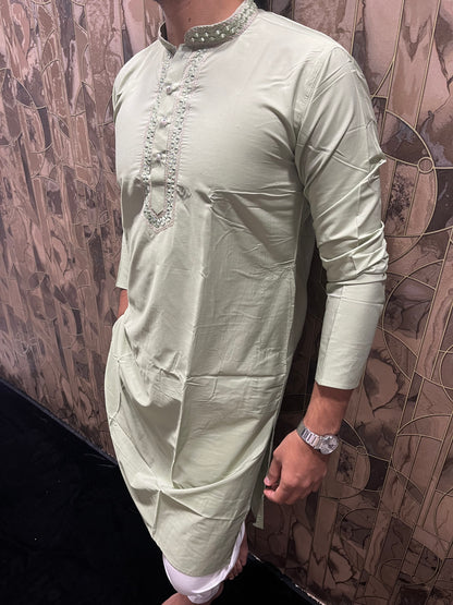 Men’s Cotton Light Green Kurta – Classic Plain Design with Mirror Work - A14