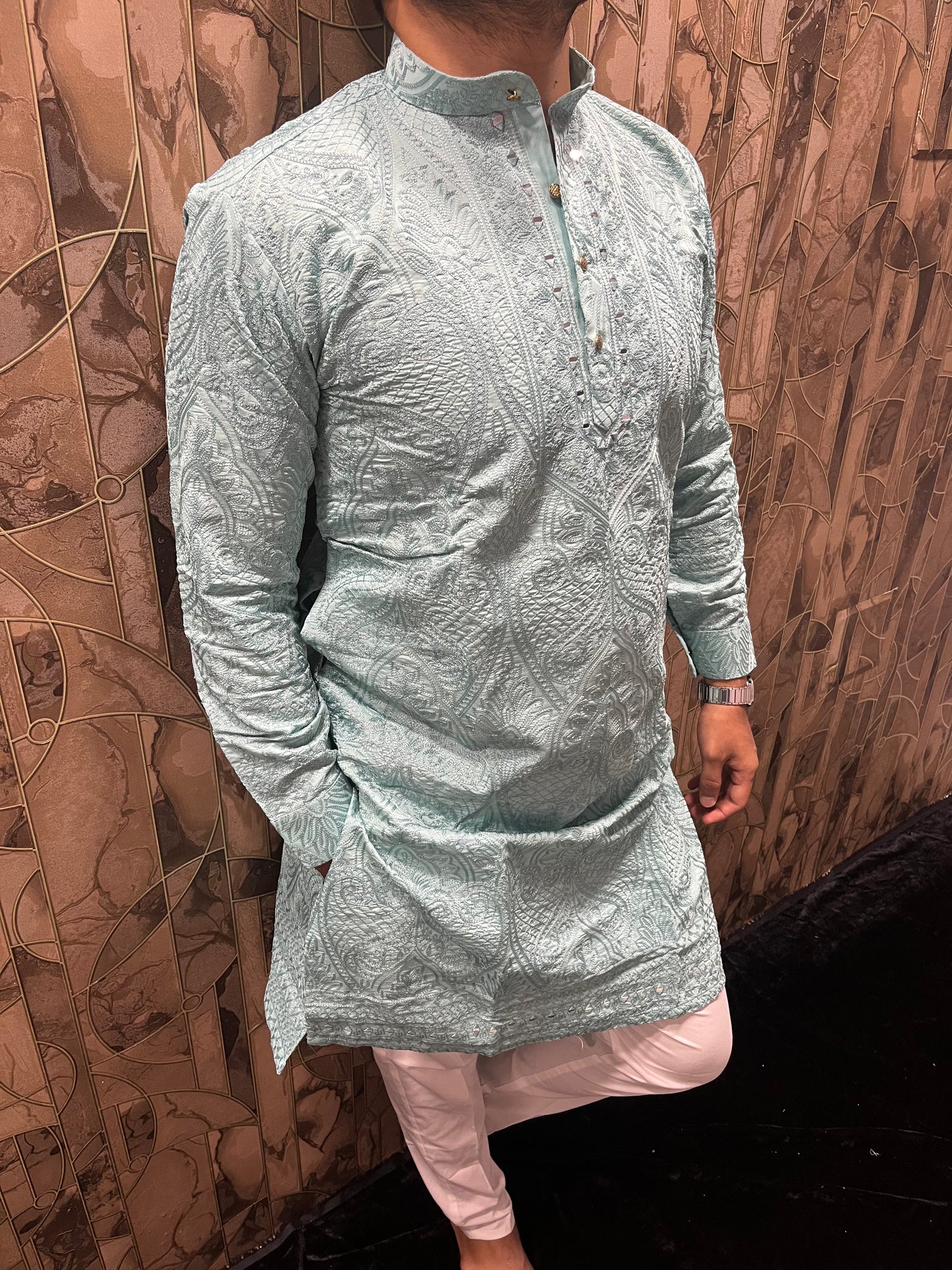 Men’s Wedding Wear Sky Blue Kurta – Chikan & Mirror Work - A4