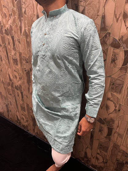 Men’s Wedding Wear Sky Blue Kurta – Chikan & Mirror Work - A4