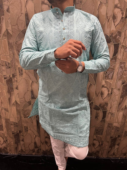 Men’s Wedding Wear Sky Blue Kurta – Chikan & Mirror Work - A4