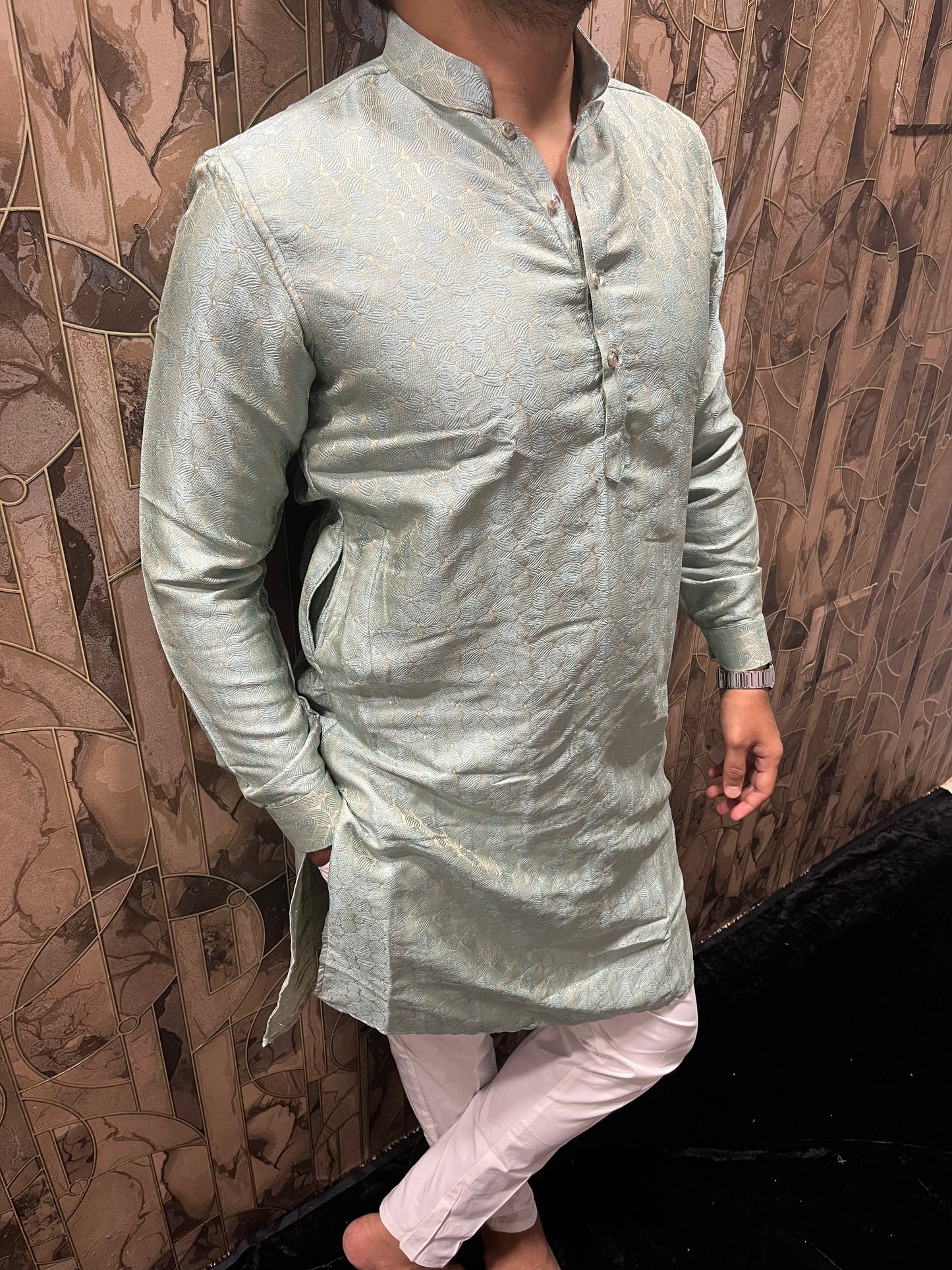 Men’s Cotton Kurta Light Green – Subtle Golden Accents for Festive Wear - A6