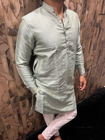 Men’s Cotton Kurta Light Green – Subtle Golden Accents for Festive Wear - A6