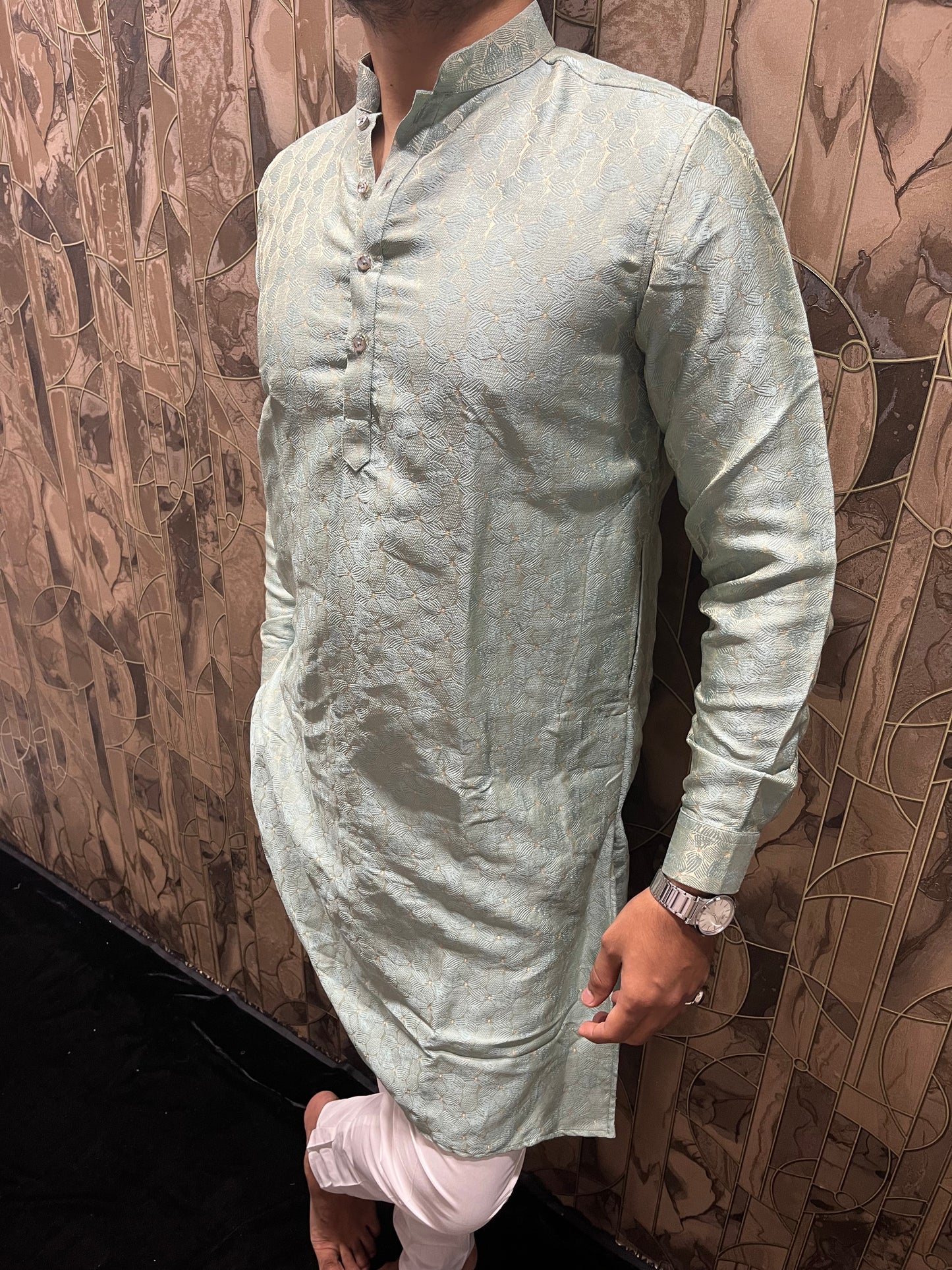 Men’s Cotton Kurta Light Green – Subtle Golden Accents for Festive Wear - A6