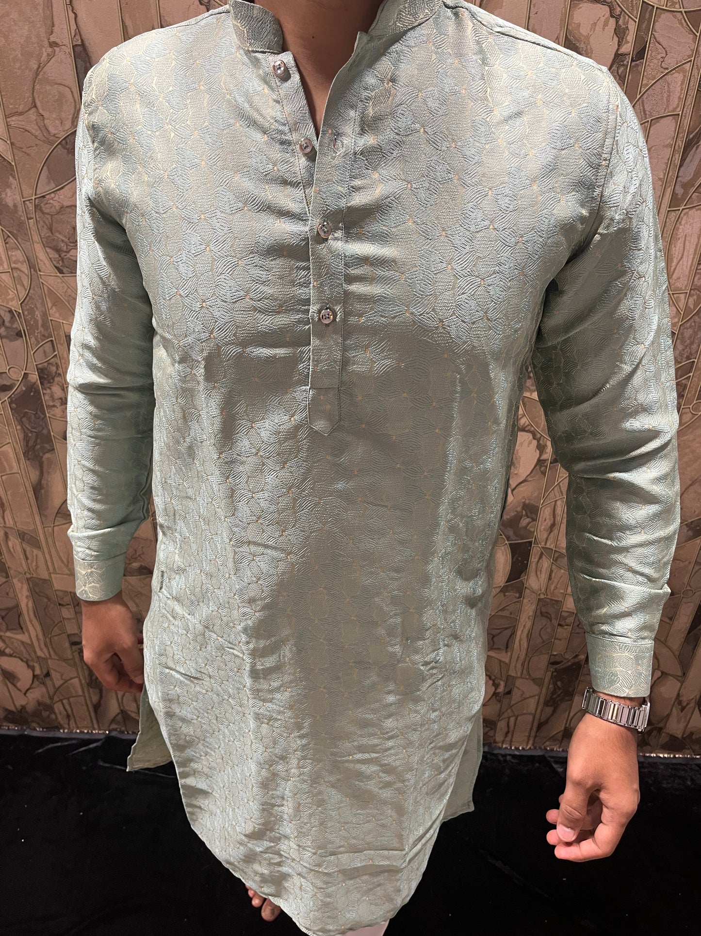 Men’s Cotton Kurta Light Green – Subtle Golden Accents for Festive Wear - A6