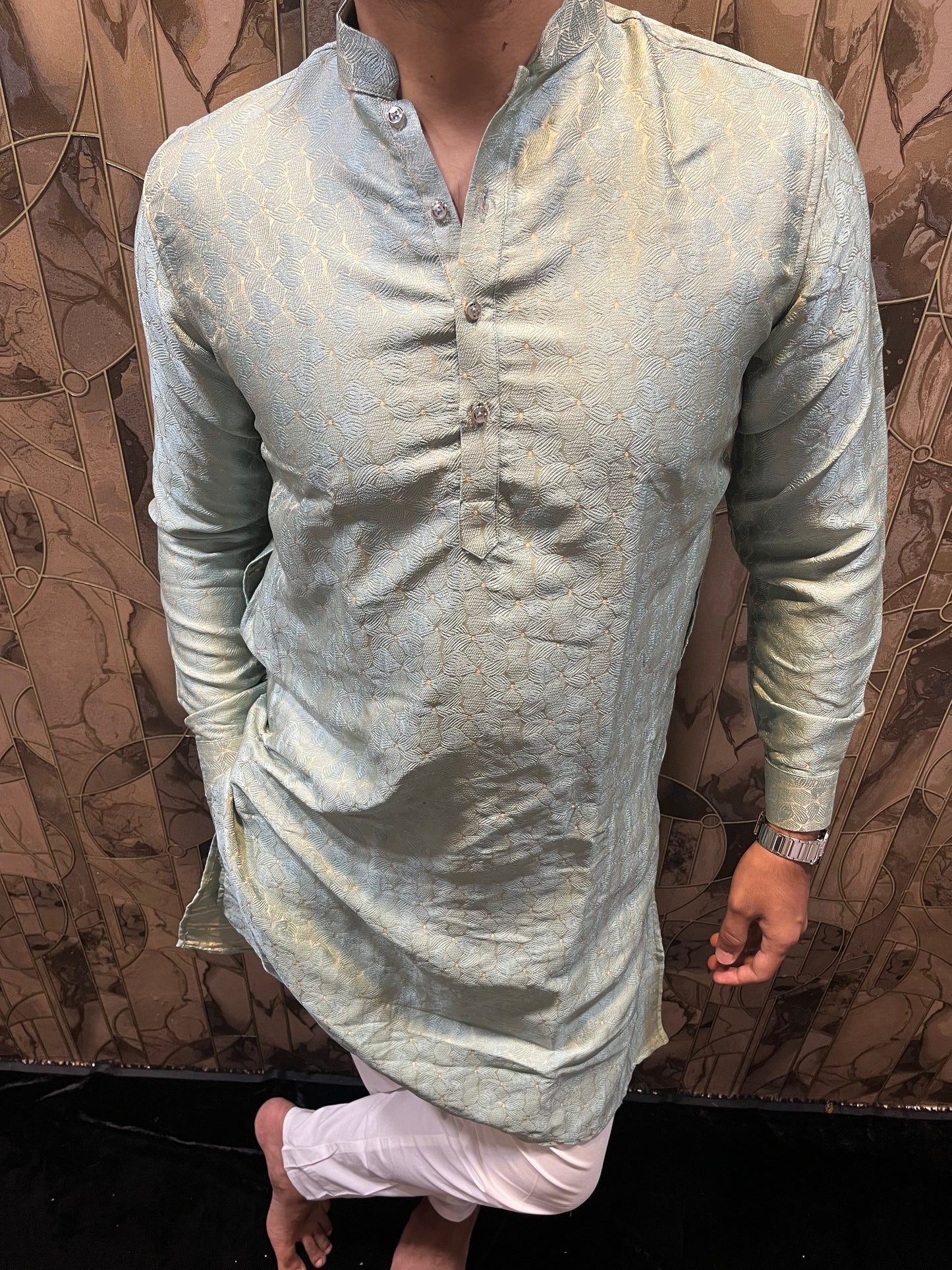 Men’s Cotton Kurta Light Green – Subtle Golden Accents for Festive Wear - A6