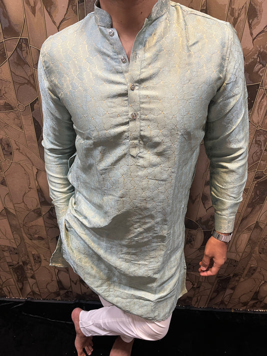 Men’s Cotton Kurta Light Green – Subtle Golden Accents for Festive Wear - A6
