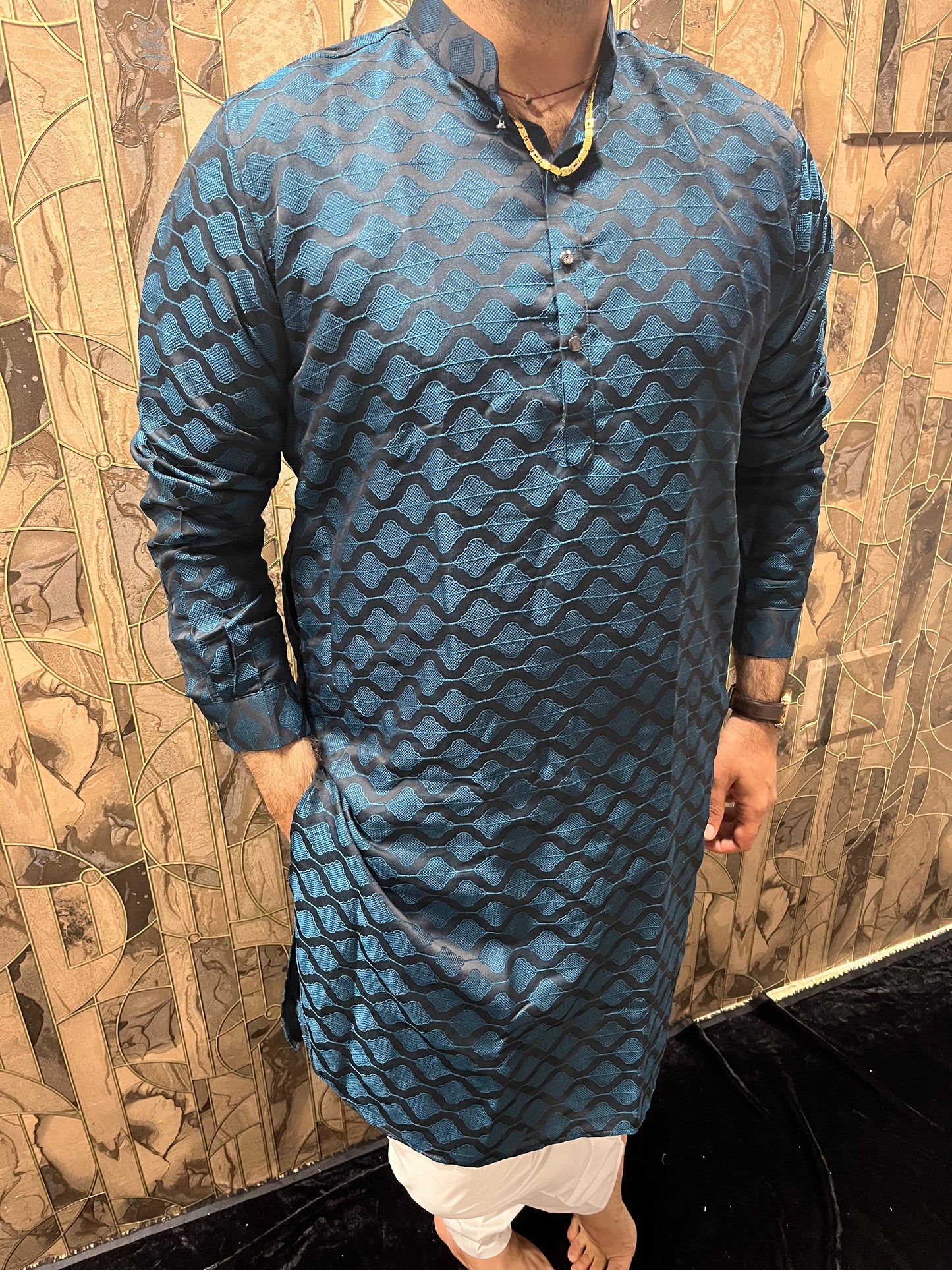 Men’s Cotton Teal Kurta – Subtle Thread Work for Festive Wear - A9