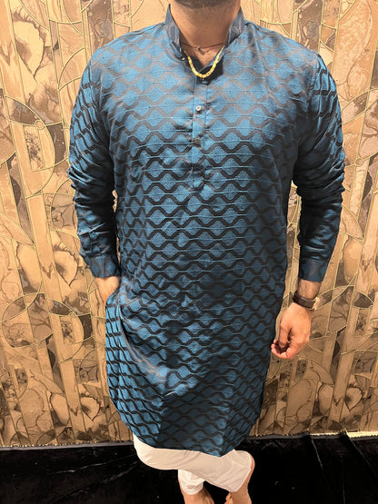 Men’s Cotton Teal Kurta – Subtle Thread Work for Festive Wear - A9