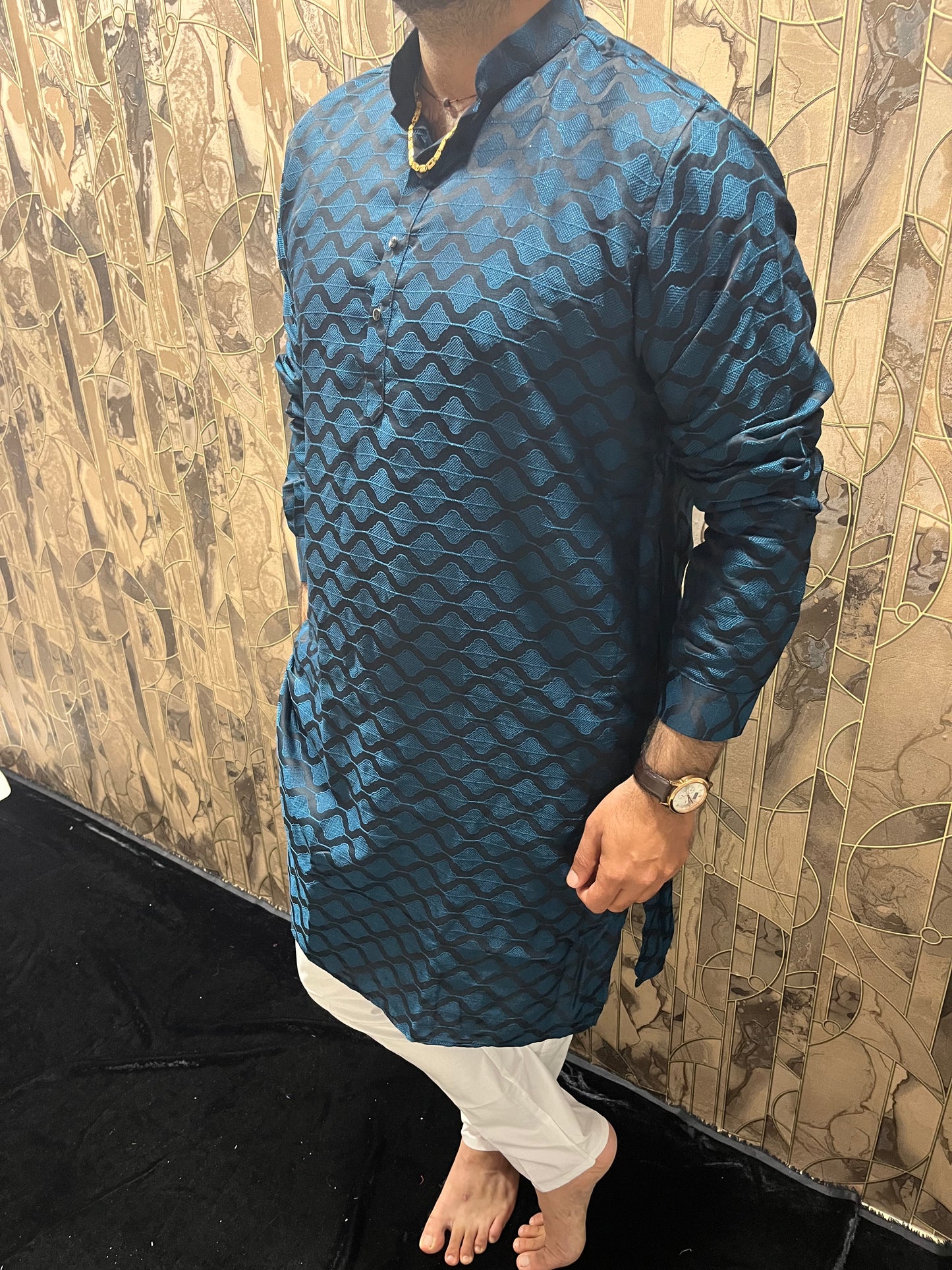 Men’s Cotton Teal Kurta – Subtle Thread Work for Festive Wear - A9