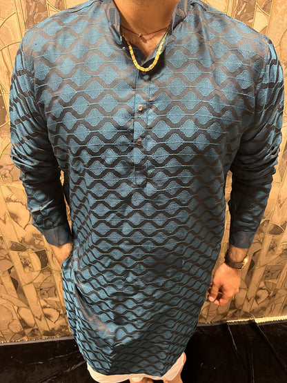 Men’s Cotton Teal Kurta – Subtle Thread Work for Festive Wear - A9