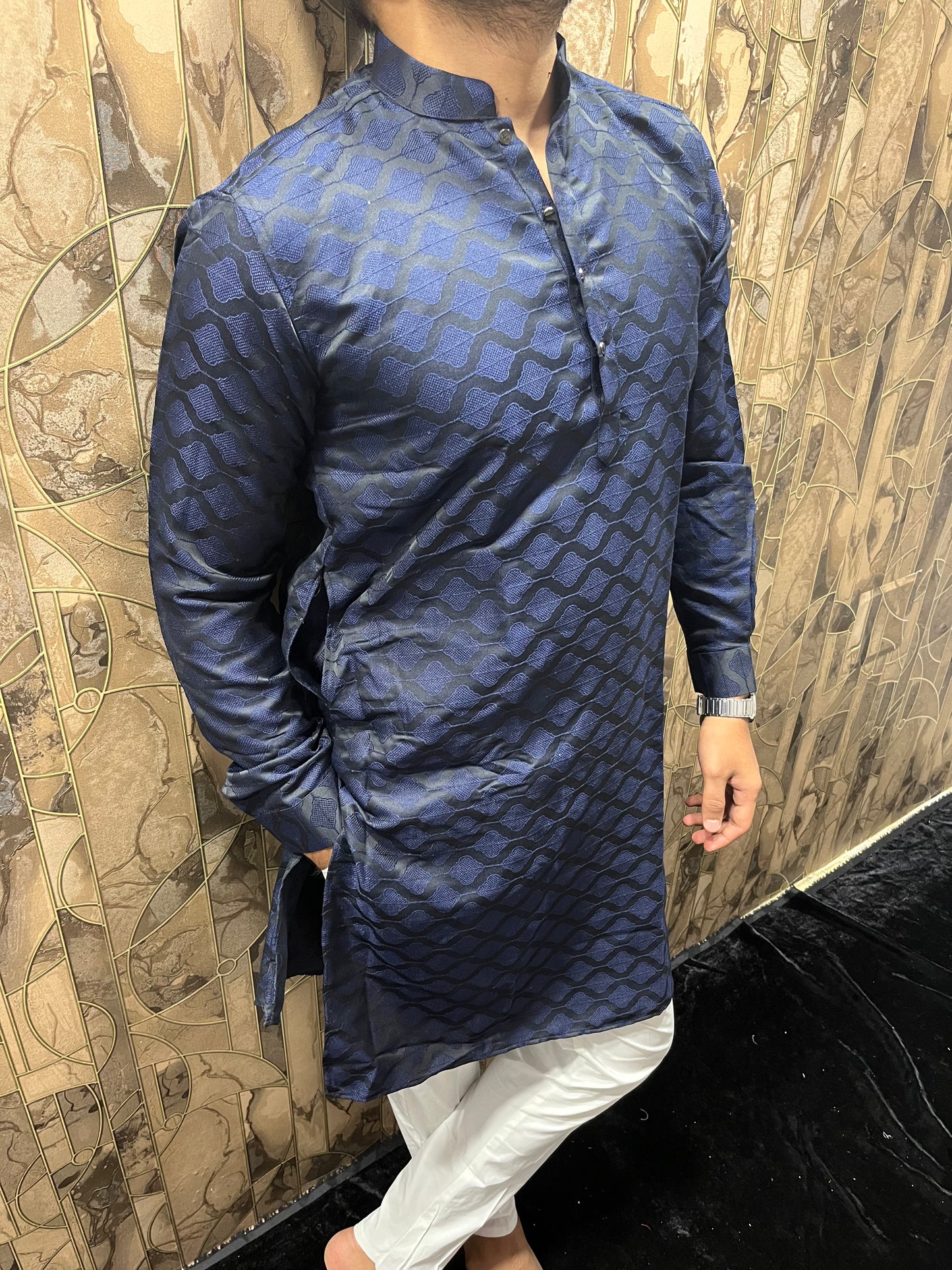 Men’s Cotton Navy Blue Kurta – Subtle Thread Work for Festive Wear - A9