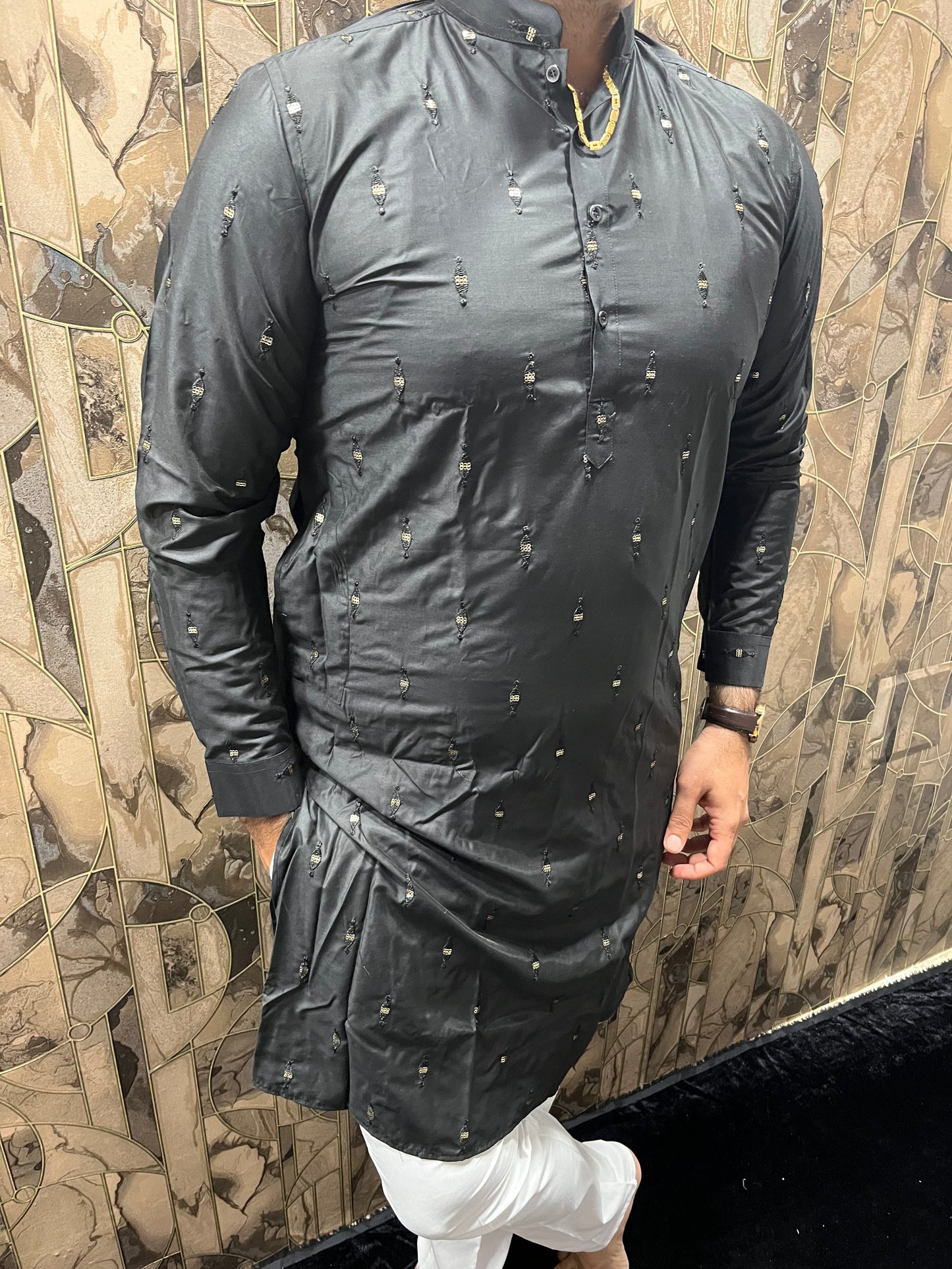 Men’s Cotton Black Kurta – Minimal Mirror Work for Festive & Party Wear