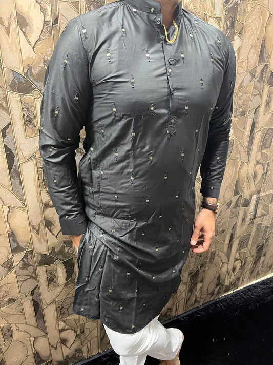 Men’s Cotton Black Kurta – Minimal Mirror Work for Festive & Party Wear