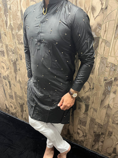 Men’s Cotton Black Kurta – Minimal Mirror Work for Festive & Party Wear