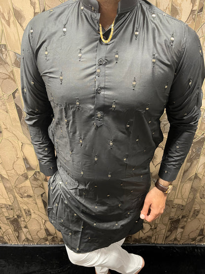 Men’s Cotton Black Kurta – Minimal Mirror Work for Festive & Party Wear