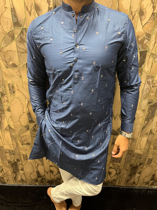 Men’s Cotton Navy Blue Kurta – Minimal Mirror Work for Festive & Party Wear