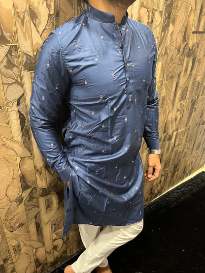 Men’s Cotton Navy Blue Kurta – Minimal Mirror Work for Festive & Party Wear