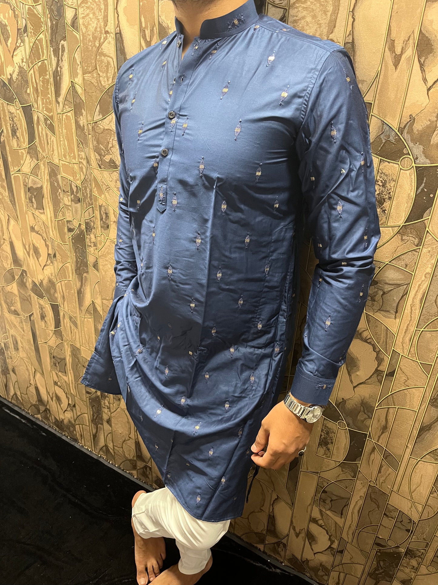 Men’s Cotton Navy Blue Kurta – Minimal Mirror Work for Festive & Party Wear
