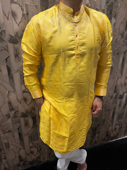 Men’s Cotton Yellow Kurta – Subtle Golden Thread Work for Festive Wear - A10