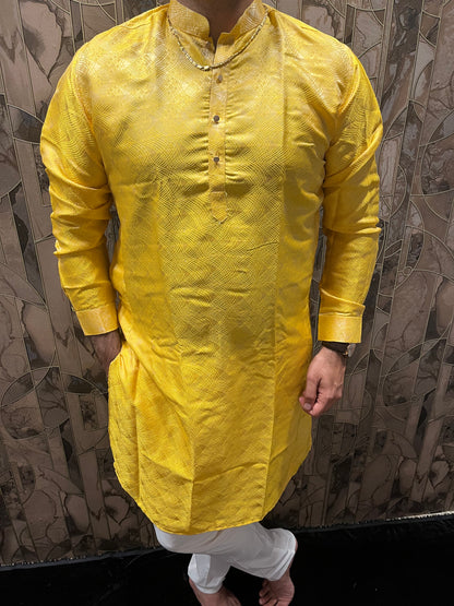 Men’s Cotton Yellow Kurta – Subtle Golden Thread Work for Festive Wear - A10