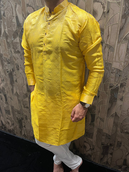 Men’s Cotton Yellow Kurta – Subtle Golden Thread Work for Festive Wear - A10