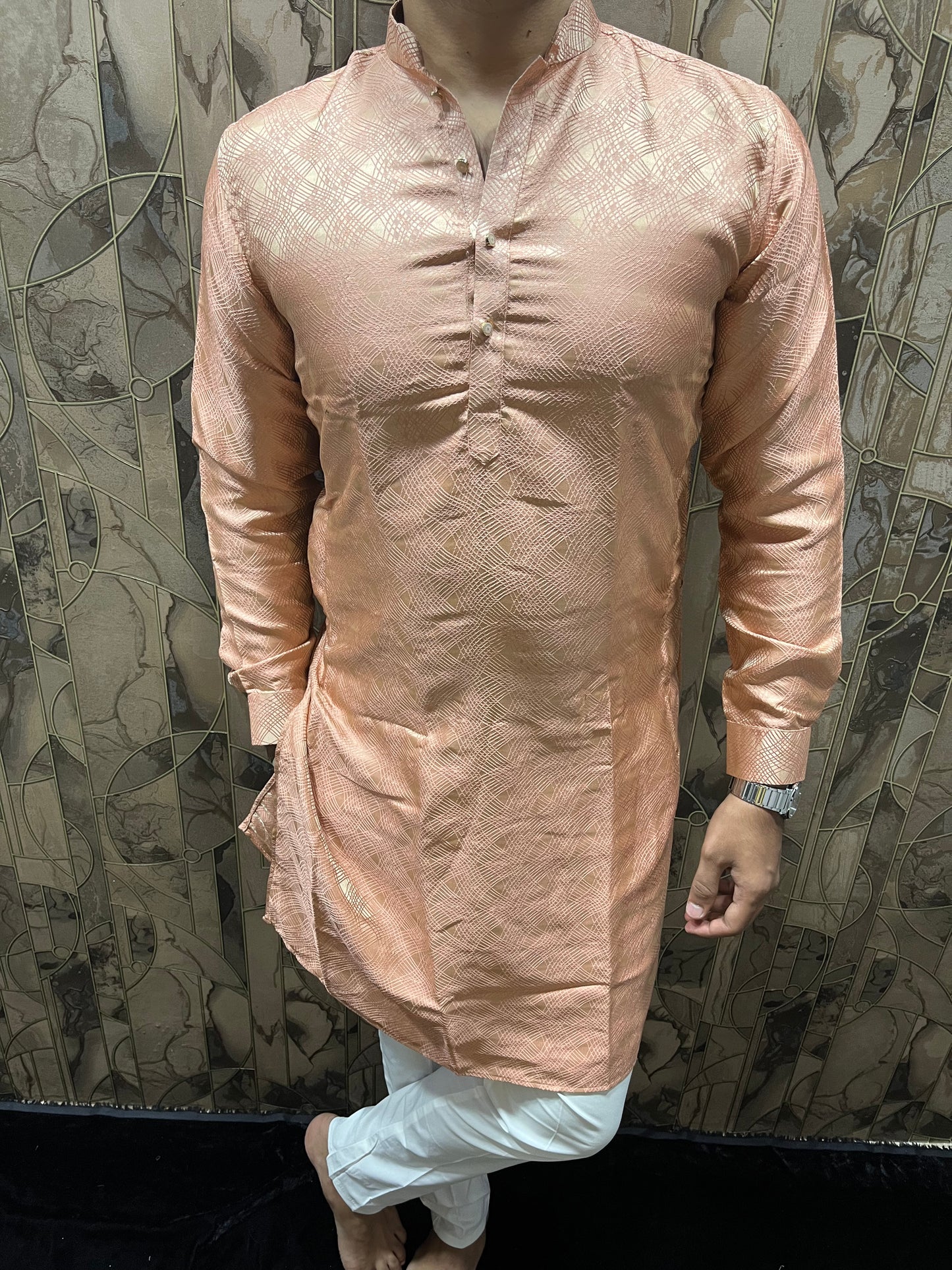 Men’s Cotton Peach – Subtle Golden Thread Work for Festive Wear - A10