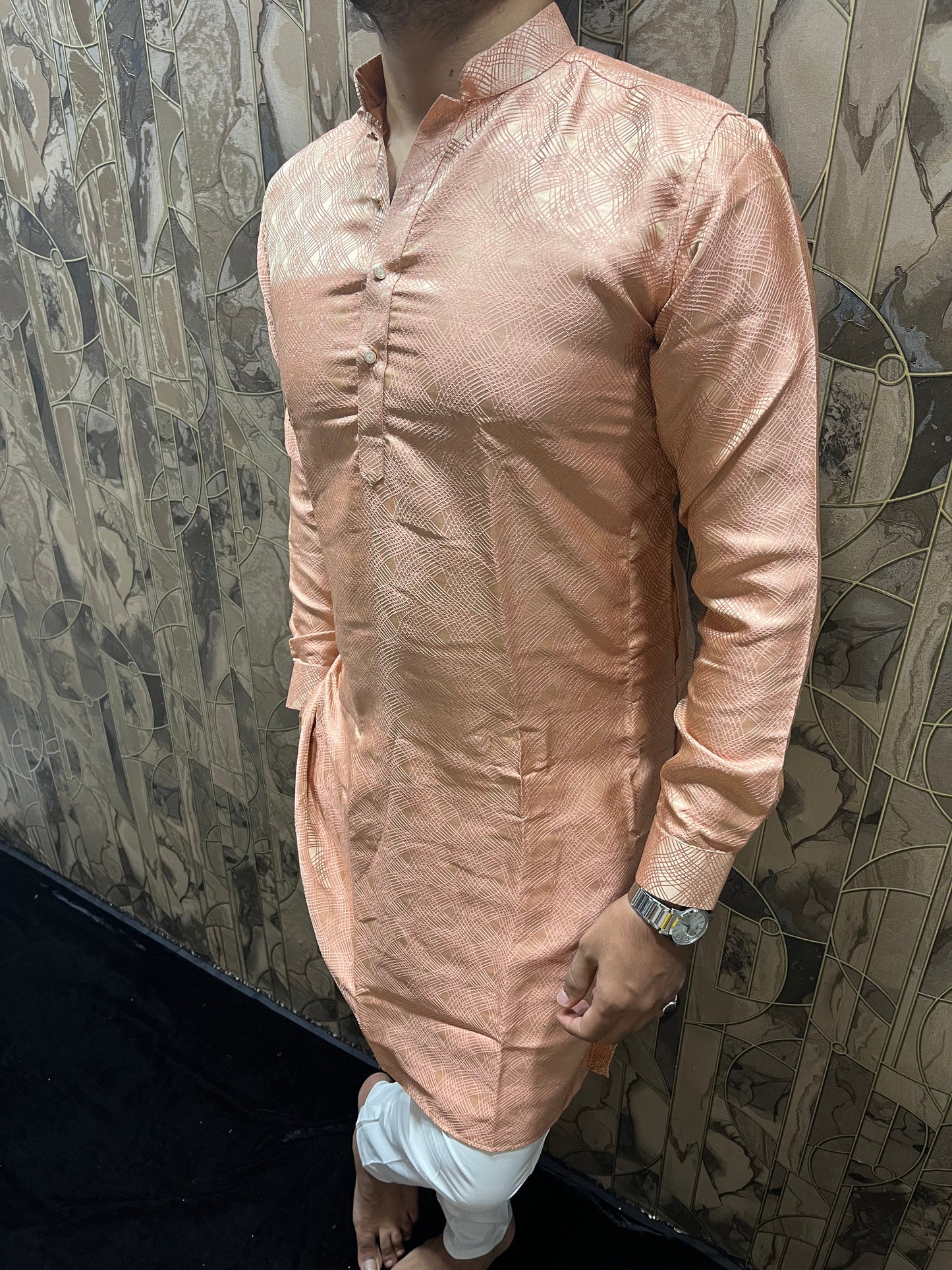 Men’s Cotton Peach – Subtle Golden Thread Work for Festive Wear - A10