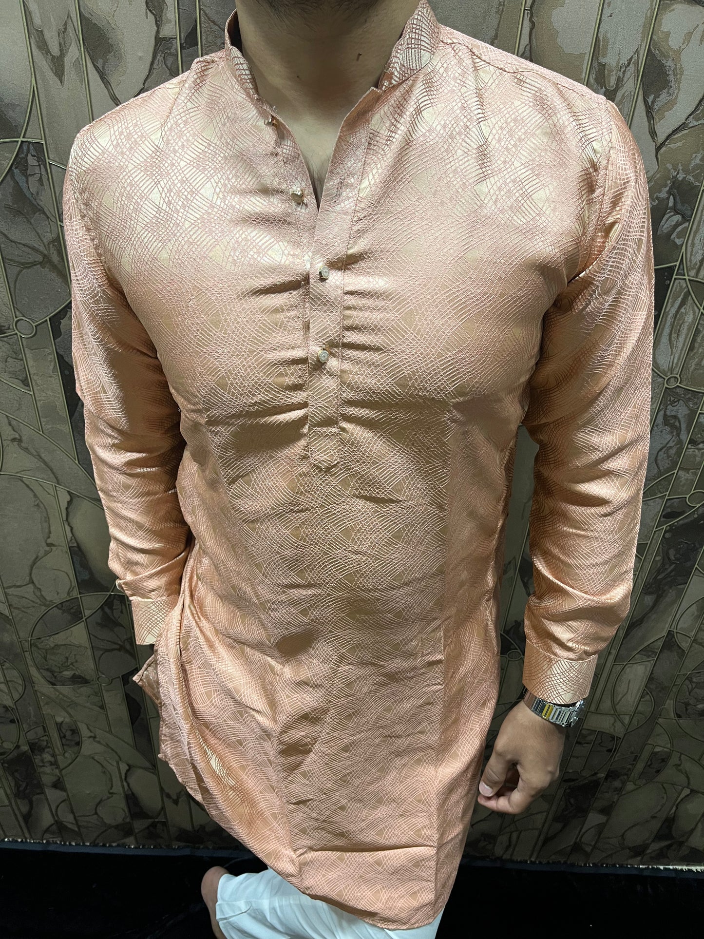 Men’s Cotton Peach – Subtle Golden Thread Work for Festive Wear - A10