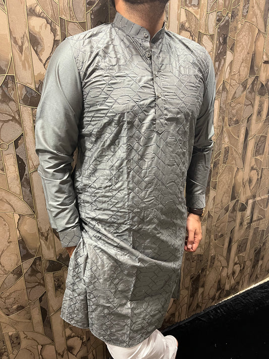 Men’s Cotton Grey Kurta – Embroidery & Sequence Work with Cuffs - A11