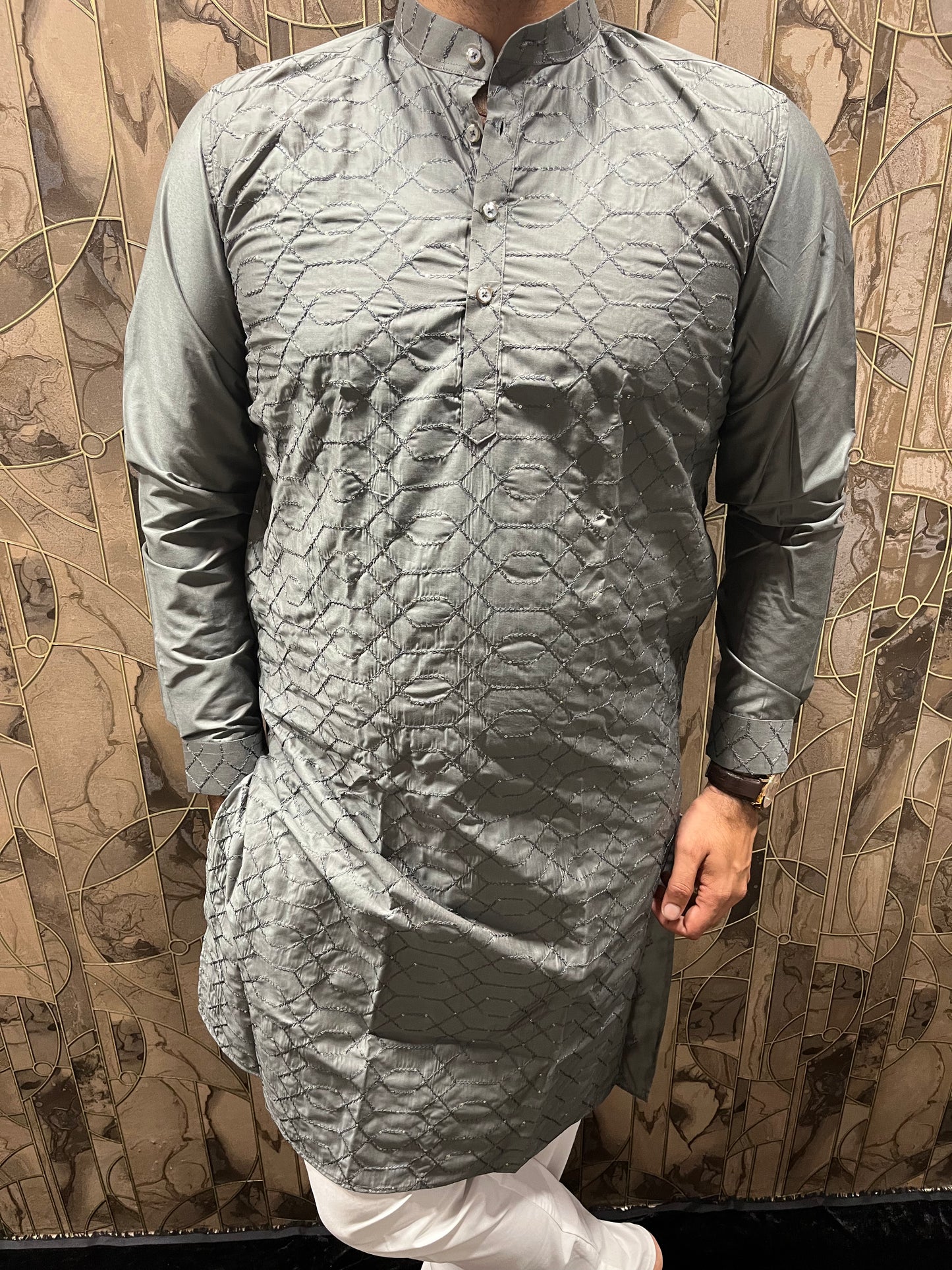 Men’s Cotton Grey Kurta – Embroidery & Sequence Work with Cuffs - A11