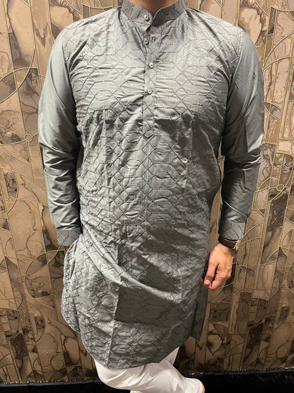 Men’s Cotton Grey Kurta – Embroidery & Sequence Work with Cuffs - A11