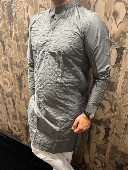 Men’s Cotton Grey Kurta – Embroidery & Sequence Work with Cuffs - A11