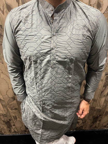 Men’s Cotton Grey Kurta – Embroidery & Sequence Work with Cuffs - A11