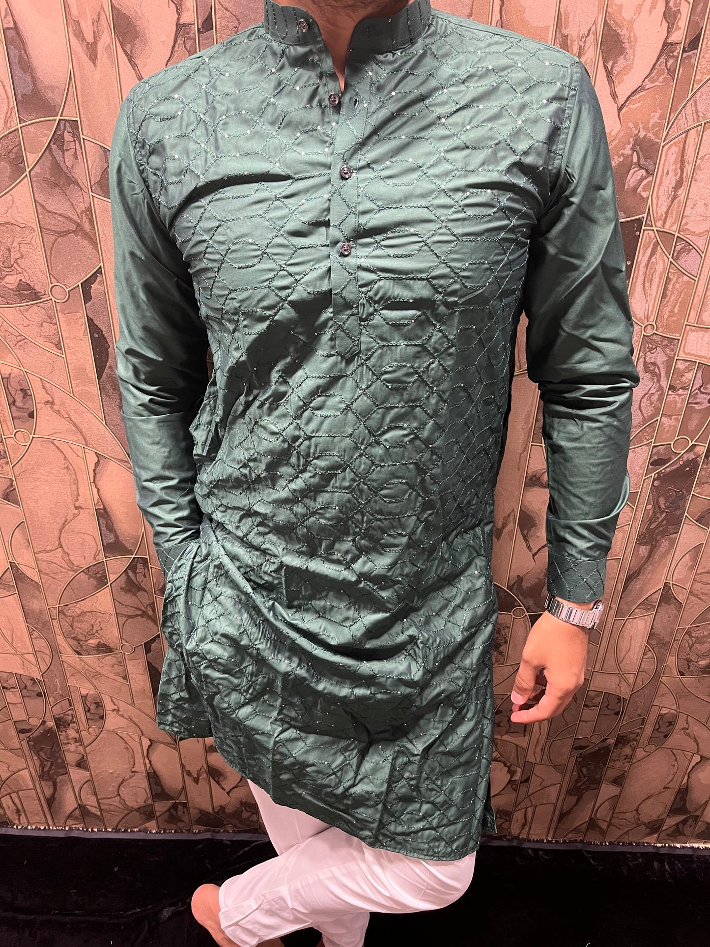 Men’s Cotton Green Kurta – Embroidery & Sequence Work with Cuffs - A11