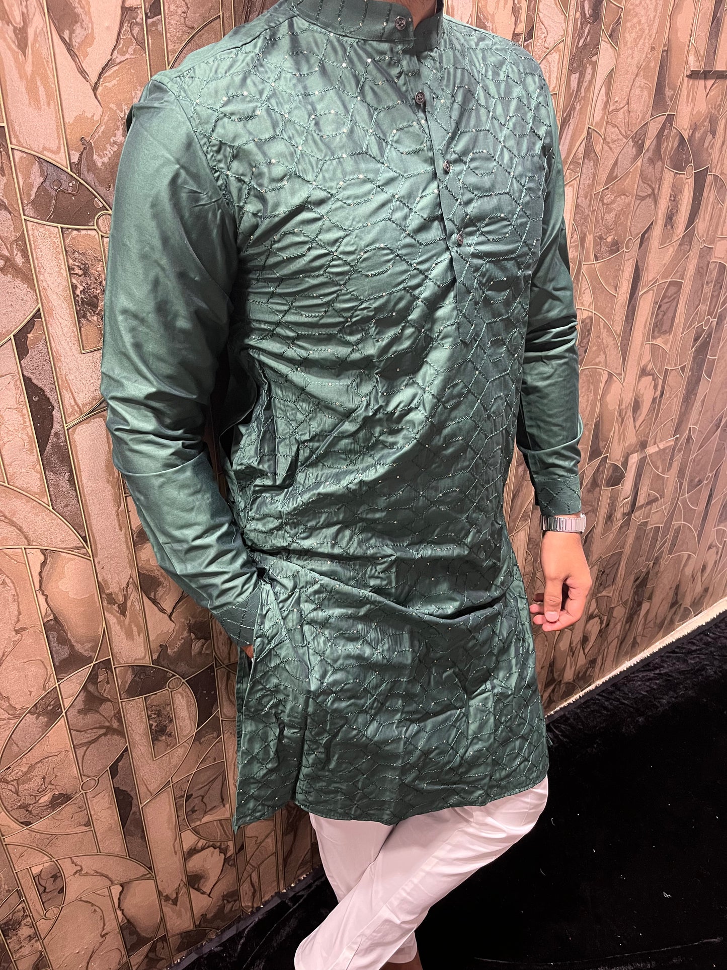 Men’s Cotton Green Kurta – Embroidery & Sequence Work with Cuffs - A11