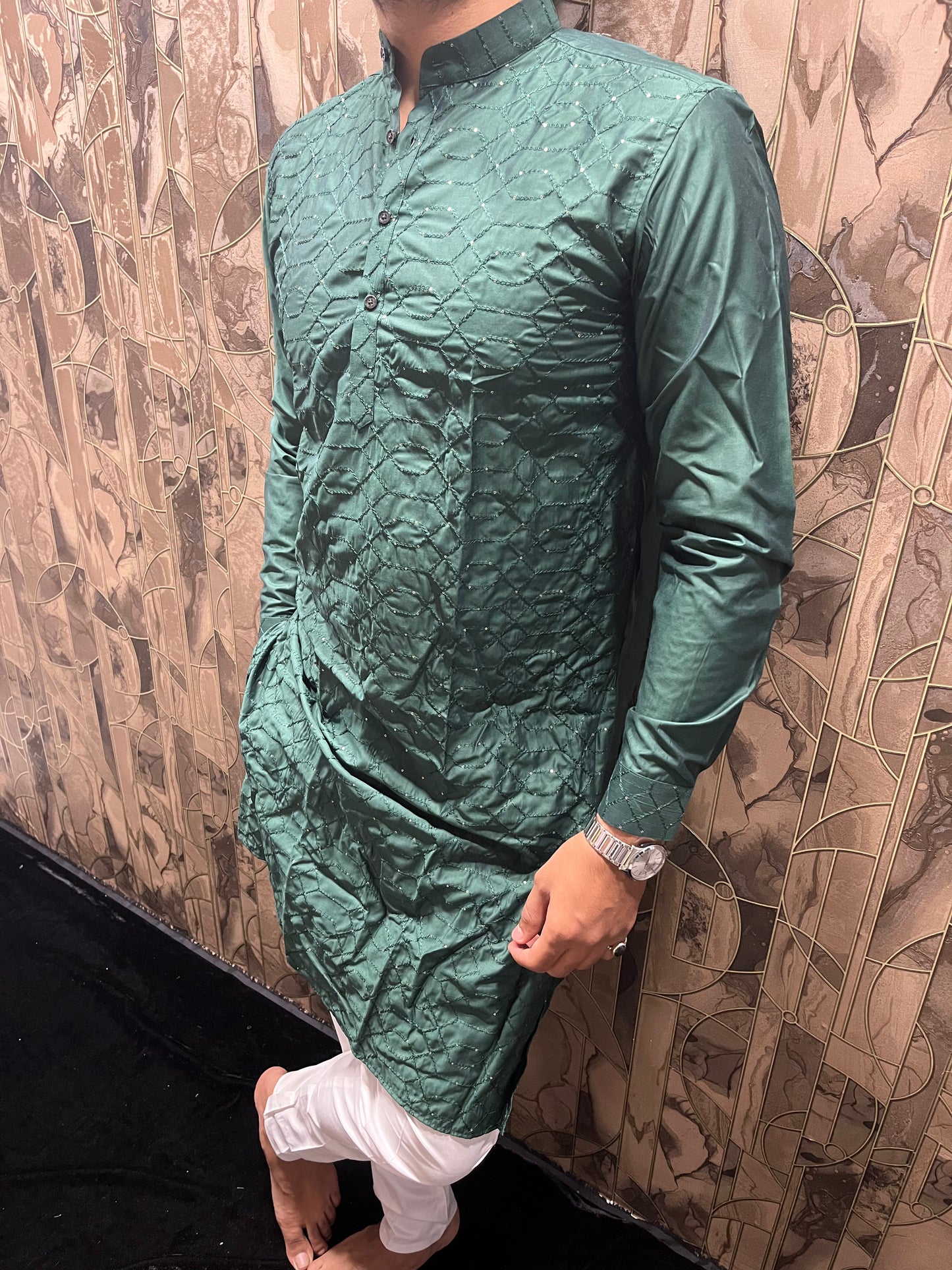 Men’s Cotton Green Kurta – Embroidery & Sequence Work with Cuffs - A11