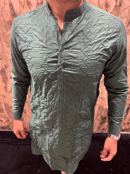 Men’s Cotton Green Kurta – Embroidery & Sequence Work with Cuffs - A11