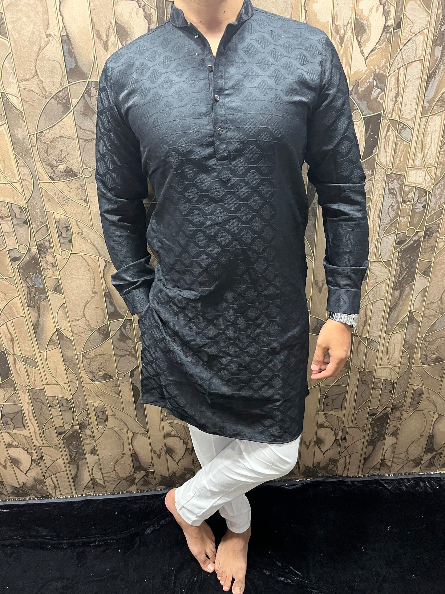Men’s Cotton Black Kurta – Subtle Thread Work for Festive Wear - A9