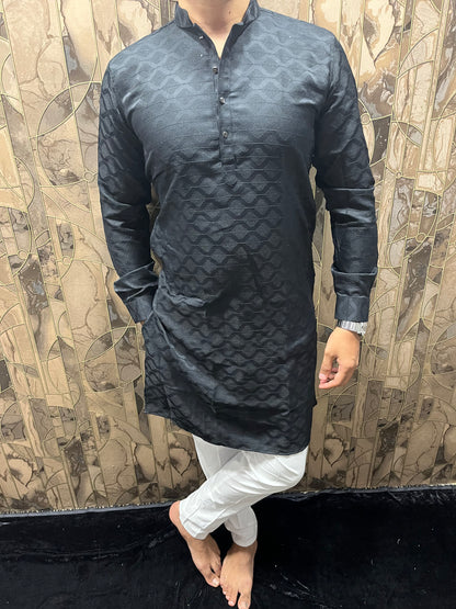 Men’s Cotton Black Kurta – Subtle Thread Work for Festive Wear - A9