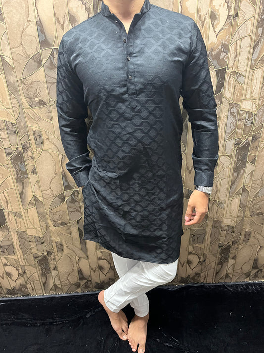 Men’s Cotton Black Kurta – Subtle Thread Work for Festive Wear - A9