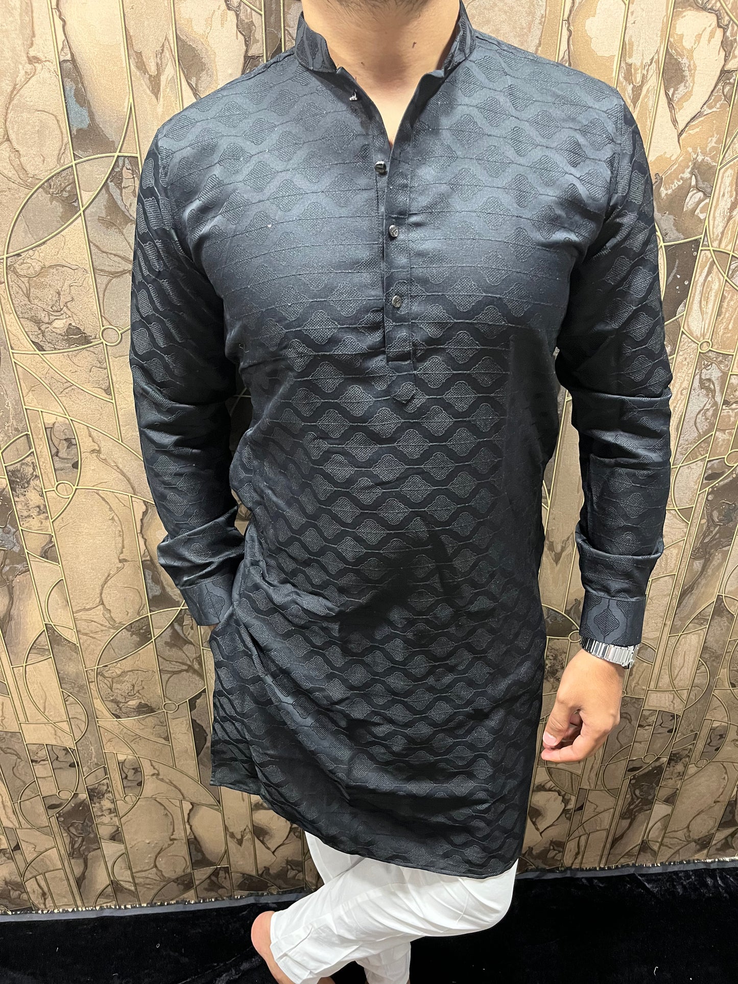 Men’s Cotton Black Kurta – Subtle Thread Work for Festive Wear - A9