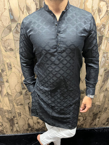 Men’s Cotton Black Kurta – Subtle Thread Work for Festive Wear - A9